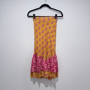 NWOT REVOLVE COOLCHANGE Yellow Pink Paisley Smocked Midi Skirt Boho Festival XS‎